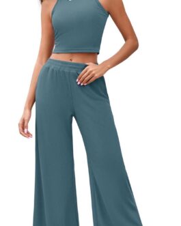 Ybenlow Womens Summer 2 Piece Outfits Ribbed Knit Crew Neck Sleeveless Cropped Top Elastic Waist Wide Leg Pants Lounge Sets