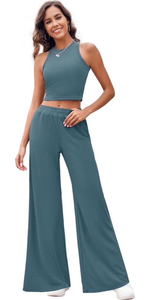 Ybenlow Womens Summer 2 Piece Outfits Ribbed Knit Crew Neck Sleeveless Cropped Top Elastic Waist Wide Leg Pants Lounge Sets - Image 2