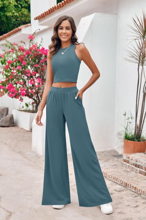 Ybenlow Womens Summer 2 Piece Outfits Ribbed Knit Crew Neck Sleeveless Cropped Top Elastic Waist Wide Leg Pants Lounge Sets - Image 3