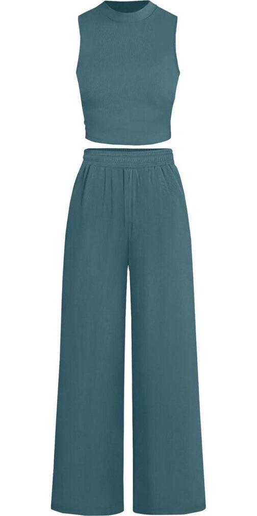Ybenlow Womens Summer 2 Piece Outfits Ribbed Knit Crew Neck Sleeveless Cropped Top Elastic Waist Wide Leg Pants Lounge Sets