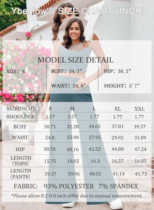 Ybenlow Womens Summer 2 Piece Outfits Ribbed Knit Crew Neck Sleeveless Cropped Top Elastic Waist Wide Leg Pants Lounge Sets - Image 6