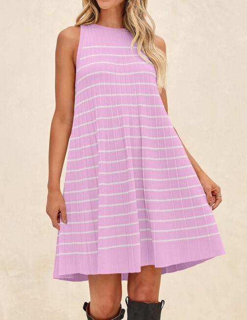 ZESICA Women's 2024 Summer Sleeveless Tank Dress Crewneck Striped Knit Pleated A Line Casual Short Mini Dresses - Image 8