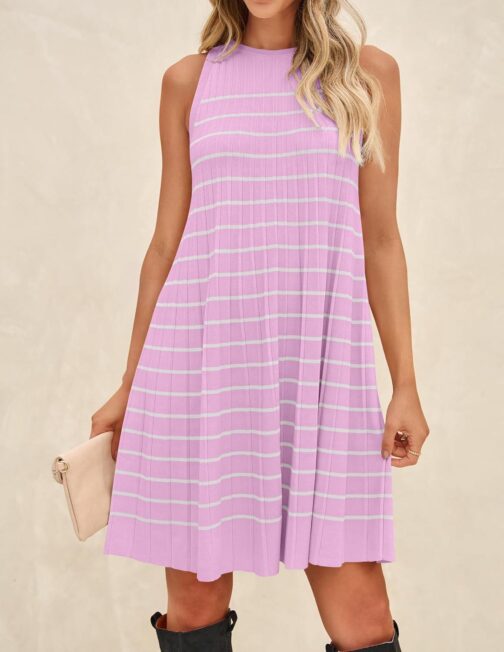 ZESICA Women's 2024 Summer Sleeveless Tank Dress Crewneck Striped Knit Pleated A Line Casual Short Mini Dresses - Image 7