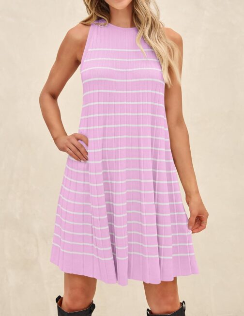 ZESICA Women's 2024 Summer Sleeveless Tank Dress Crewneck Striped Knit Pleated A Line Casual Short Mini Dresses - Image 3