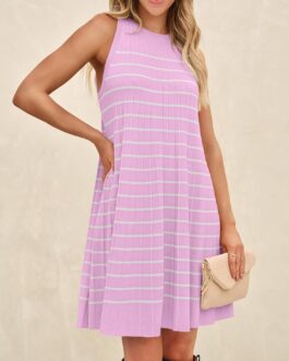 ZESICA Women’s 2024 Summer Sleeveless Tank Dress Crewneck Striped Knit Pleated A Line Casual Short Mini Dresses