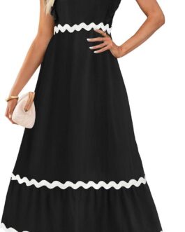 ZESICA Women’s Summer Sleeveless Ruffle Dresses 2024 Square Neck Backless Boho Flowy Maxi Sundress with Pockets
