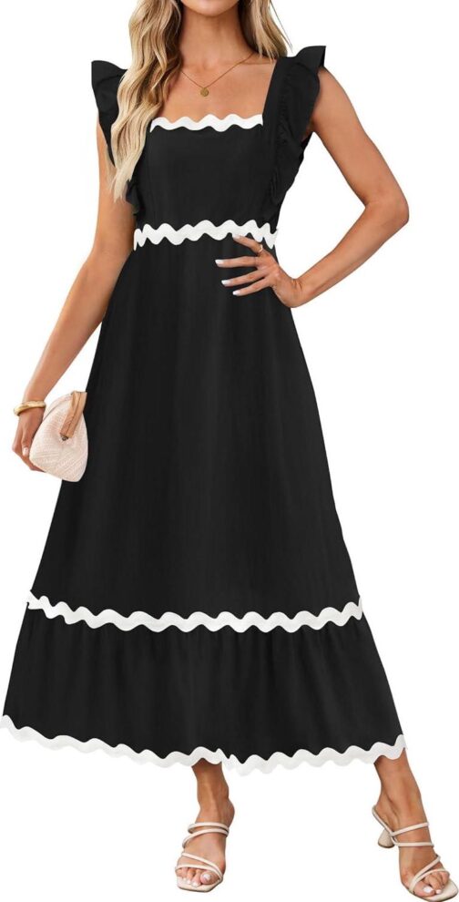 ZESICA Women's Summer Sleeveless Ruffle Dresses 2024 Square Neck Backless Boho Flowy Maxi Sundress with Pockets