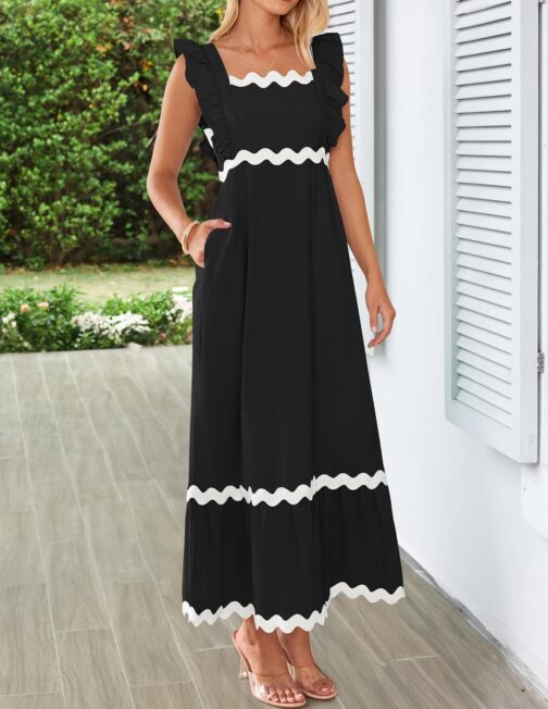 ZESICA Women's Summer Sleeveless Ruffle Dresses 2024 Square Neck Backless Boho Flowy Maxi Sundress with Pockets - Image 3