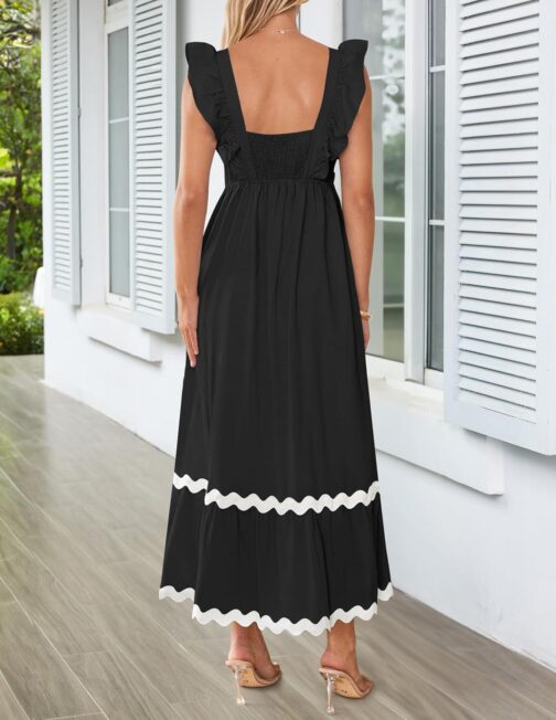 ZESICA Women's Summer Sleeveless Ruffle Dresses 2024 Square Neck Backless Boho Flowy Maxi Sundress with Pockets - Image 4
