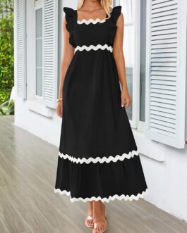 ZESICA Women’s Summer Sleeveless Ruffle Dresses 2024 Square Neck Backless Boho Flowy Maxi Sundress with Pockets