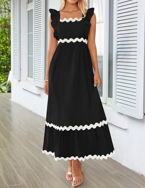 ZESICA Women's Summer Sleeveless Ruffle Dresses 2024 Square Neck Backless Boho Flowy Maxi Sundress with Pockets - Image 2