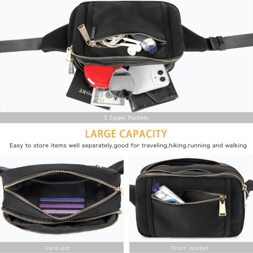 ZORFIN Fanny Packs for Women Men, Belt Bag with 5 Zipper Pockets, Fashion Waist Pack Crossbody Bag with Adjustable Belt for Travel/Shopping/Hiking/Running/Cycling (Black) - Image 4