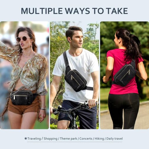 ZORFIN Fanny Packs for Women Men, Belt Bag with 5 Zipper Pockets, Fashion Waist Pack Crossbody Bag with Adjustable Belt for Travel/Shopping/Hiking/Running/Cycling (Black) - Image 2