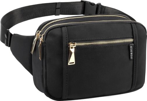 ZORFIN Fanny Packs for Women Men, Belt Bag with 5 Zipper Pockets, Fashion Waist Pack Crossbody Bag with Adjustable Belt for Travel/Shopping/Hiking/Running/Cycling (Black)