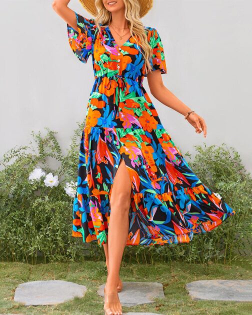 Zenlonr Women Summer Dresses 2024 Casual Short Sleeve V Neck Split Maxi Dress Button Drawstring Beach Long Dress - Image 4