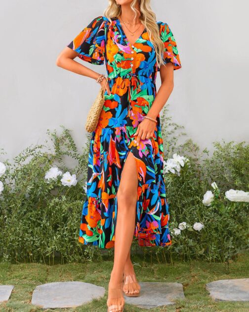 Zenlonr Women Summer Dresses 2024 Casual Short Sleeve V Neck Split Maxi Dress Button Drawstring Beach Long Dress - Image 7