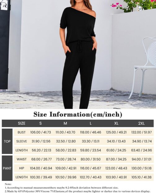 Zenlonr Women Summer 2 Piece Outfits 2024 Off Shoulder Short Sleeve Tops Elastic Waist Drawstring Long Pants Tracksuit - Image 6