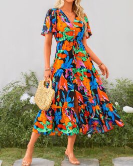 Zenlonr Women Summer Dresses 2024 Casual Short Sleeve V Neck Split Maxi Dress Button Drawstring Beach Long Dress