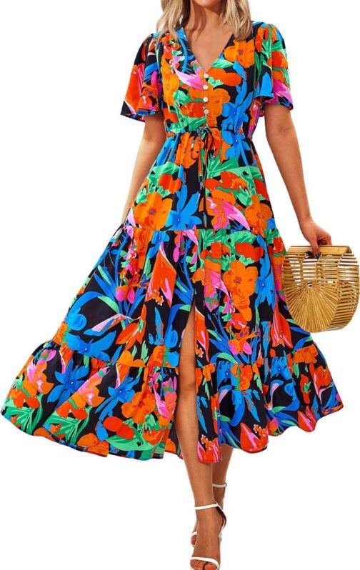 Zenlonr Women Summer Dresses 2024 Casual Short Sleeve V Neck Split Maxi Dress Button Drawstring Beach Long Dress