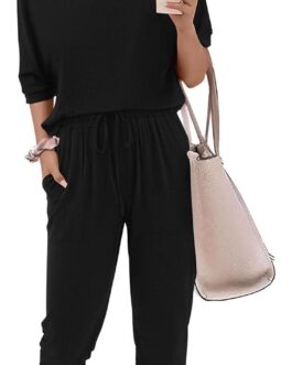 Zenlonr Women Summer 2 Piece Outfits 2024 Off Shoulder Short Sleeve Tops Elastic Waist Drawstring Long Pants Tracksuit