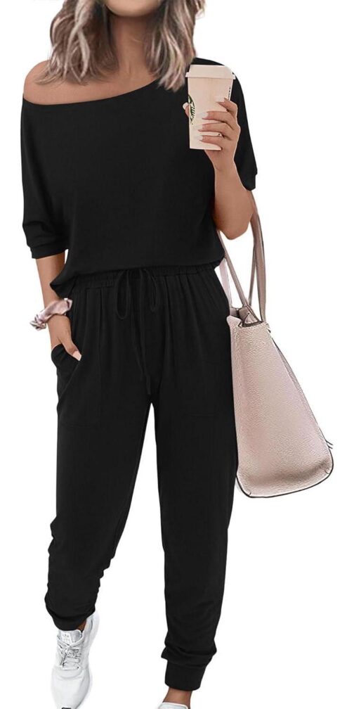 Zenlonr Women Summer 2 Piece Outfits 2024 Off Shoulder Short Sleeve Tops Elastic Waist Drawstring Long Pants Tracksuit