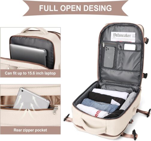 coowoz Travel Backpack For Women Men Airline Approved,Beige Brown Carry On Backpack,Large Hiking Backpack Waterproof Outdoor Sports Rucksack Casual Daypack Fit 15.6 Inch Laptop Backpack - Image 3