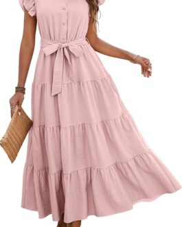 dowerme Women’s Summer Casual Dresses 2024 Cap Ruffle Sleeve V Neck Button Belted Tiered Boho Maxi Dress with Pockets