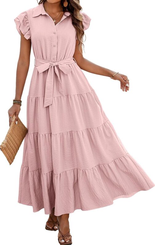 dowerme Women's Summer Casual Dresses 2024 Cap Ruffle Sleeve V Neck Button Belted Tiered Boho Maxi Dress with Pockets