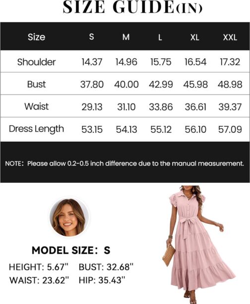 dowerme Women's Summer Casual Dresses 2024 Cap Ruffle Sleeve V Neck Button Belted Tiered Boho Maxi Dress with Pockets - Image 6