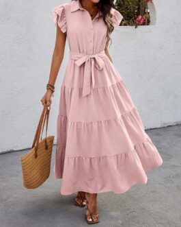 dowerme Women’s Summer Casual Dresses 2024 Cap Ruffle Sleeve V Neck Button Belted Tiered Boho Maxi Dress with Pockets