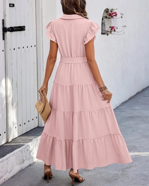 dowerme Women's Summer Casual Dresses 2024 Cap Ruffle Sleeve V Neck Button Belted Tiered Boho Maxi Dress with Pockets - Image 5