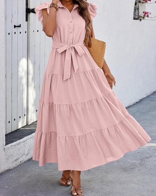 dowerme Women's Summer Casual Dresses 2024 Cap Ruffle Sleeve V Neck Button Belted Tiered Boho Maxi Dress with Pockets - Image 4