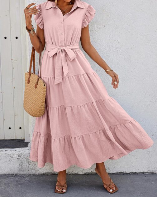 dowerme Women's Summer Casual Dresses 2024 Cap Ruffle Sleeve V Neck Button Belted Tiered Boho Maxi Dress with Pockets - Image 3