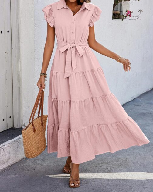 dowerme Women's Summer Casual Dresses 2024 Cap Ruffle Sleeve V Neck Button Belted Tiered Boho Maxi Dress with Pockets - Image 8