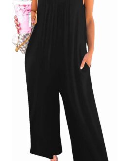 snugwind Womens Casual Sleeveless Strap Loose Adjustable Jumpsuits Stretchy Long Pants Romper with Pockets
