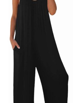 snugwind Womens Casual Sleeveless Strap Loose Adjustable Jumpsuits Stretchy Long Pants Romper with Pockets