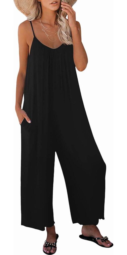 snugwind Womens Casual Sleeveless Strap Loose Adjustable Jumpsuits Stretchy Long Pants Romper with Pockets